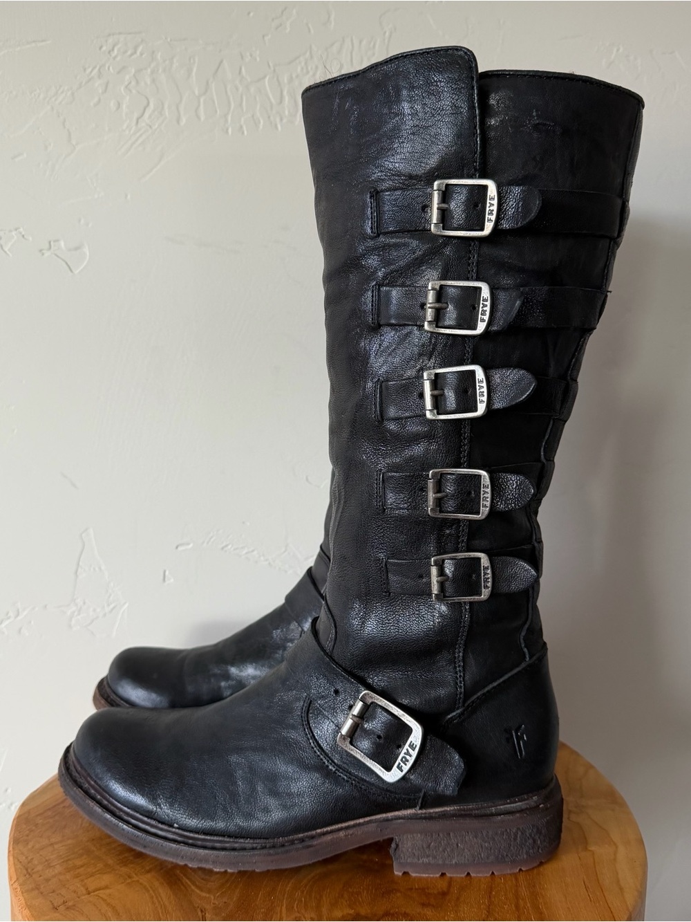 FRYE Valerie Boots 7.5 Black Tall Shearling Leather Motorcycle Strappy Buckle